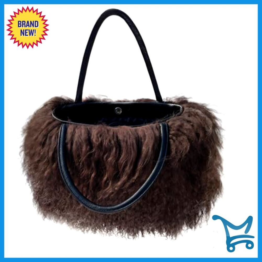 Real Lamb Fur Tote Bag with Genuine Leather Handles, Large Capacity - Picture 4 of 7
